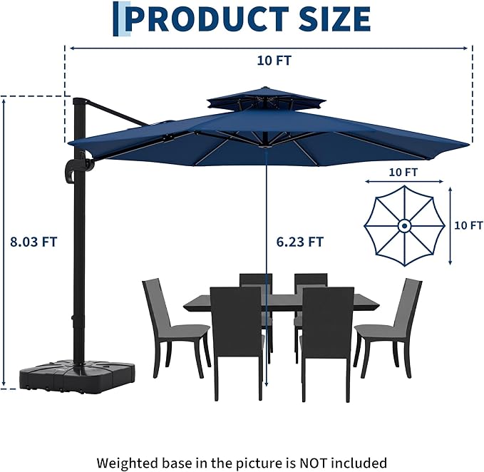 10x10 ft Round Outdoor Umbrella, Cantilever Patio Umbrella with 360° Rotation & Adjustable Height, Heavy Duty Aluminum Umbrella Outdoor Patio for Garden Poolside,Navy Blue (Base Not Included)
