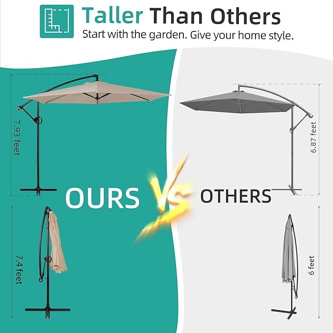 Shintenchi Offset Patio Umbrella with Easy Tilt Adjustment,Crank and Cross Base, Outdoor Cantilever Hanging Umbrella, Sunshade Free Standing Canopy, Khaki