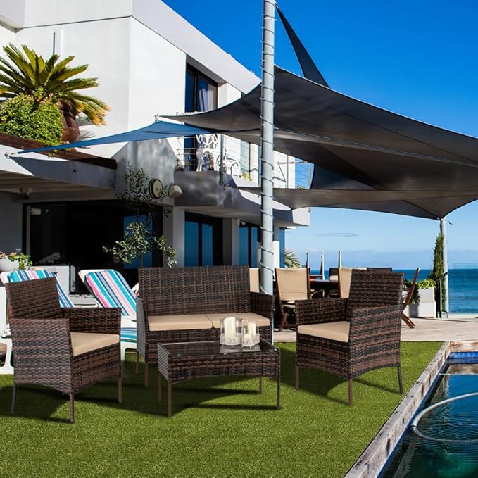 Outdoor Patio Furniture Sets of 4, Rattan Conversation Furniture Set Arm Chairs Love Seat & Tempered Glass Coffee Table, Rattan Sofa Conversation Sets for Garden Backyard, Patio Conversation Sofa Set