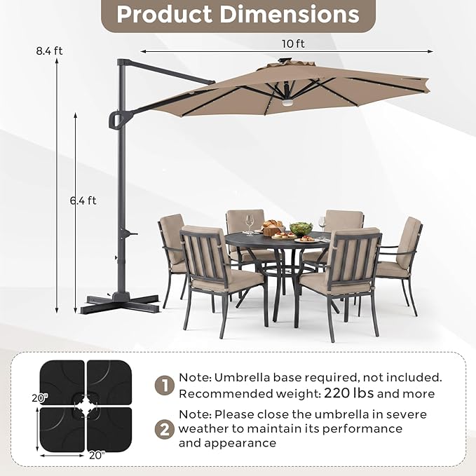 Tangkula 10ft Patio Umbrella with Solar Lights, Offset Cantilever Square Outdoor Umbrella with 35 LED Lights, Aluminum Pole, 360 Degree Rotation, Tilt Adjustment, Air Vent for Pool Deck Yard (Tan)