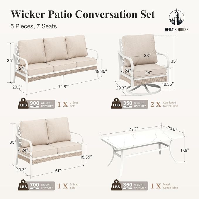 HERA'S HOUSE 5 Pieces Metal Patio Furniture Set, 7 Seats All Weather Outdoor Conversation Set, 3 Seat Sofa with Loveseat, 2 Swivel Chairs, Coffee Table for Backyard, Garden, Deck, White/Beige