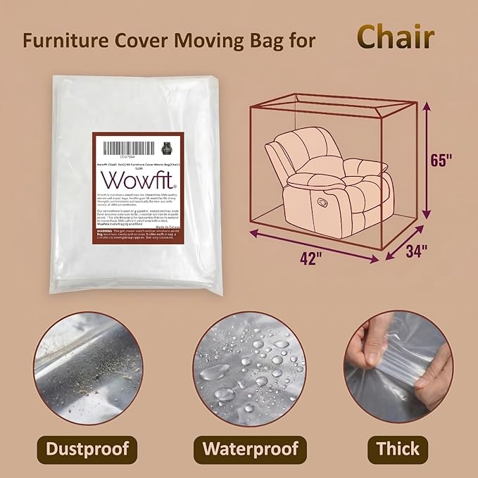 Wowfit Furniture Cover Dust-Proof Moving Bag for Chairs, Recliners & Boxes – Clear, Odorless Plastic - 4mil-Thick - 34W x 42D x 65/48H Inches