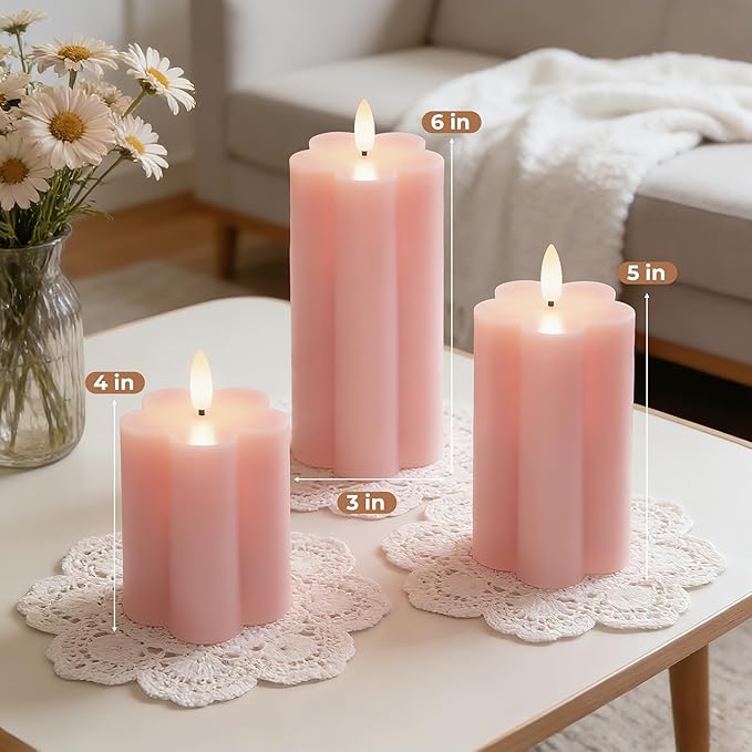 Pink Flower Flameless Candles with Remote and Timer Real Wax Made LED Pillar Candles Battery Operated with 3D Flickering Flame Indoor Use Spring Decor, 3" x 4",5",6", Set of 3