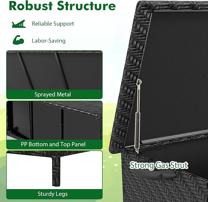 Tangkula Tightly-Woven Rattan Deck Box, Patiojoy Storage Cabinet Container with Polyester Liner, Universal Wheels & Gas Strut, 85 Gallon Indoor Outdoor Storage Box for Pillows, Cushions (Black)