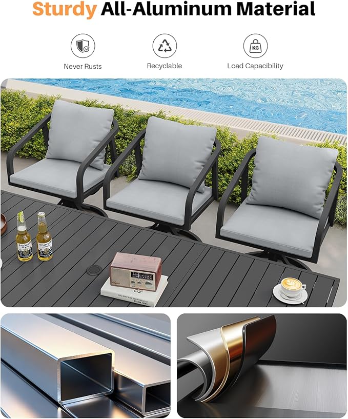 9-Piece Outdoor Dining Set with 8 Swivel Chairs, Never-Rust Aluminum Patio Dining Set, Patio Swivel Dining Set with Wraparound Seating, Outdoor Furniture Set for Backyard, Lawn, Deck, Black