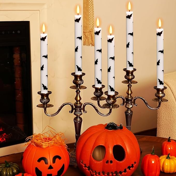 Eldnacele Halloween Flameless Taper Flickering Candles with Remote and Timer, Battery Operated Bats Decal Real Wax 3D Wick LED Candles White 4 Pack for Fireplace Holiday Spooky Halloween Decor