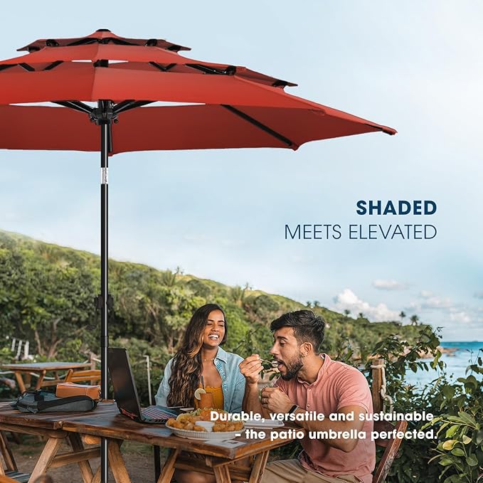 wikiwiki 9ft 3-Tier Patio Umbrella Outdoor Table Market Umbrella for Patio with Push Button Tilt/Crank, Fade Resistant Waterproof POLYESTER Canopy for Garden, Lawn, Deck, Backyard & Pool, Red