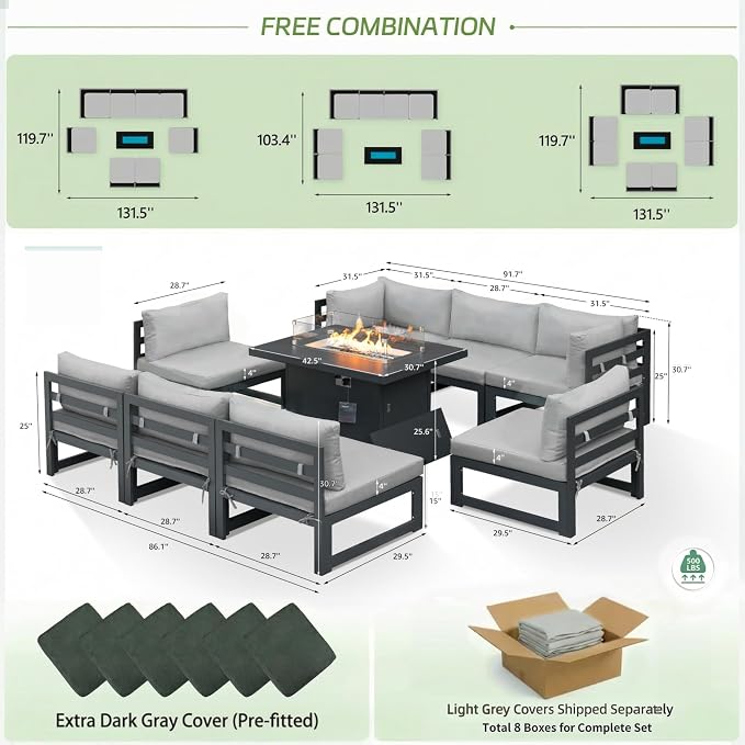 RADIATA 9 Piece Oversized Modular Outdoor Furniture Set with Fire Pit Table, 29 inch Deep Wide Sectional Seating, Heavy Duty Aluminum Frame for 500 lbs, Patio Conversation Set for Poolside, Light Gray