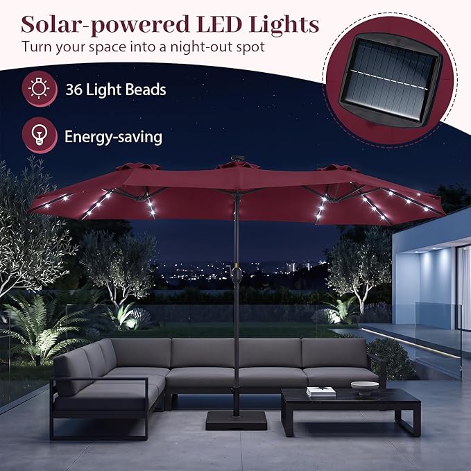 Tangkula 13 Ft Solar Patio Umbrella, Double-Sided Extra Large Outdoor Market Table Umbrella with 36 LED Lights, Crank Handle, 12 Sturdy Ribs for Poolside, Garden & Backyard (Burgundy)