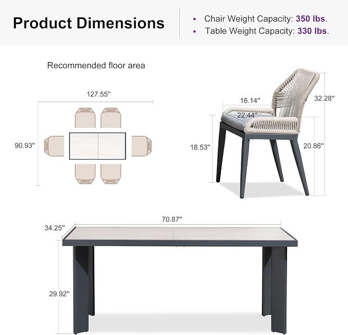 PURPLE LEAF 7 Pieces Patio Dining Set Aluminum Rectangular Table and Wicker Chairs with Cushions for Kitchen Porch Garden Modern Outdoor Furniture Sets, Beige and Dark Grey