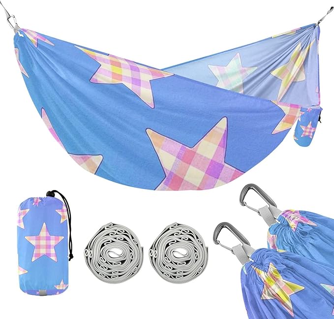 Cartoon Checkered Plaid Star Blue 330lb Capacity Camping Hammock with Tree Straps Portable Hammock for Outside Camping Essentials hamaca de Algodon para Jardin