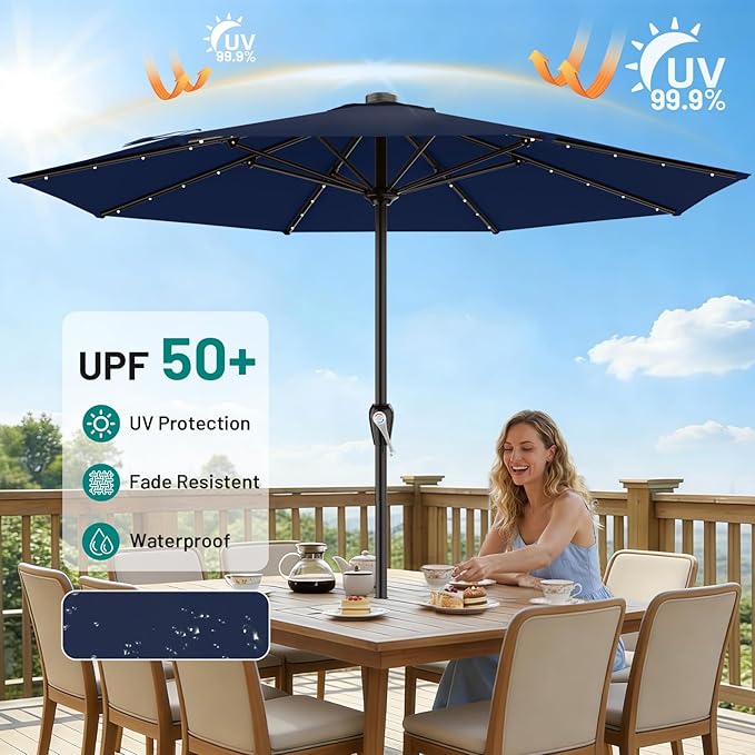 AreShark 12FT Large Patio Umbrella with Solar Lights, Solar Powered Outdoor Umbrella with Crank, Patio Table Market Umbrellas for Garden, Deck, Backyard, Pool and Beach, Navy