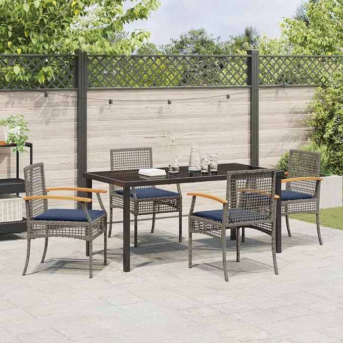 5-Piece Garden Dining Set with Cushions, Modern Rattan Patio Table and 4 Armchairs, Outdoor Furniture for Backyard Terrace, Grey and Black