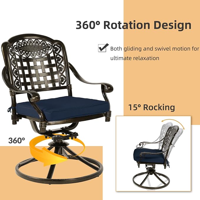 3-Piece Outdoor Patio Dining Set, All-Weather Cast Aluminum Patio Furniture Set for Backyard Garden Deck with 2 Swivel Cushioned Chairs and 35.4” Round Table, 2" Umbrella Hole, Navy Blue