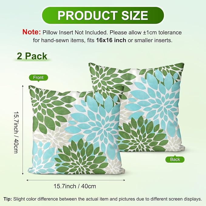 M METERXITY 2-Pack Pillow Cover 16x16 Linen, Sky Blue Green Gray | Water Resistant Floral Decor Slipcover, for Patio, Balcony, Garden, Outdoor Pillow Case