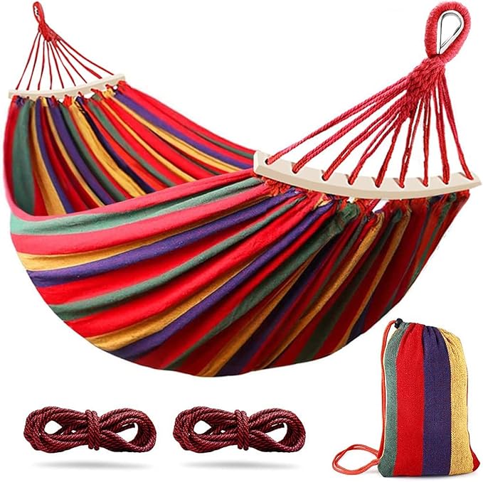 285X155cm Hammock with Spreader Bars, Camping Hammock Outdoor, with Thickened Durable Canvas Fabric and Sturdy Metal Knot, 550 Lb Load Capacity, for Backyard, Garden,Red