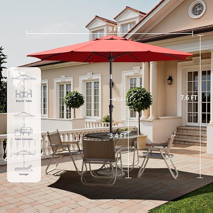 Outdoor Patio Umbrella with One Push Button Tilt and Crank, 8 Sturdy Ribs Market Table Umbrella
