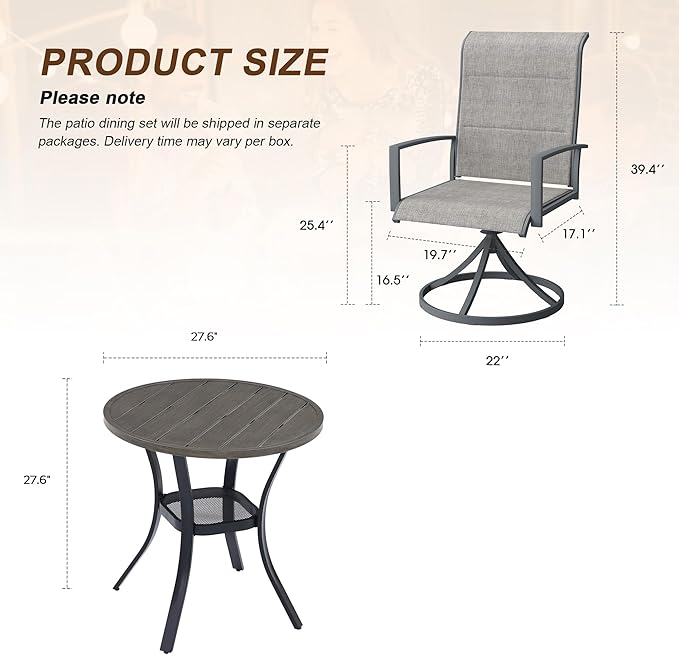 VICLLAX 3 Pieces Outdoor Dining Set, Patio Furniture Set Includes 27.6" Round Metal Table W/ 1.9" Umbrella Hole and 2 Padded Textilene Swivel Chairs for Porch, Lawn, Garden, Backyard