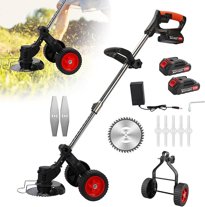 Electric Weed Wacker Cordless, Weed Eater Battery Powered with 2*2000mAh Battery,Wheels, Lightweight Grass Trimmer Cordless with 3 Types Blade,Foldable Lawn Edger/Brush Cutter for Yard Garden