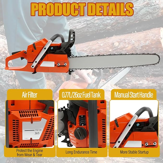 24Inch Gas Chainsaw, 65CC 2 Stroke Gas Powered Chainsaws Handheld Cordless Petrol Gasoline Chain Saw, w/Carburetor, Air Purification System for Wood Pruning, Tree Stump Trimming