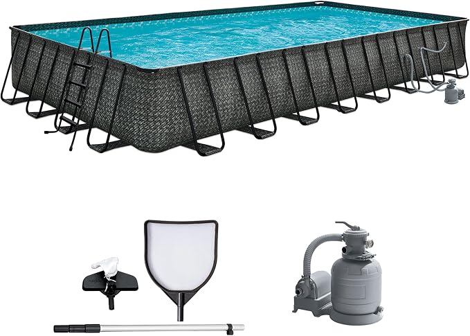 Funsicle Oasis Designer 32' x 16' x 52" Rectangular Above Ground Swimming Pool Set with Sand Filter Pump, Ladder & Maintenance Kit – Easy Setup for Backyard Fun
