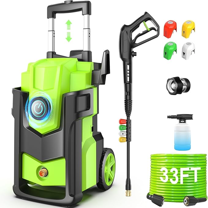 Electric Pressure Washer 5000PSI, Heavy Duty Power Washer, with 4 Nozzles,Foam Cannon,33FT Hose and 500ml Soap Bottle,Car Wash Machine/Car/Driveway/Patio Clean (Light Green)