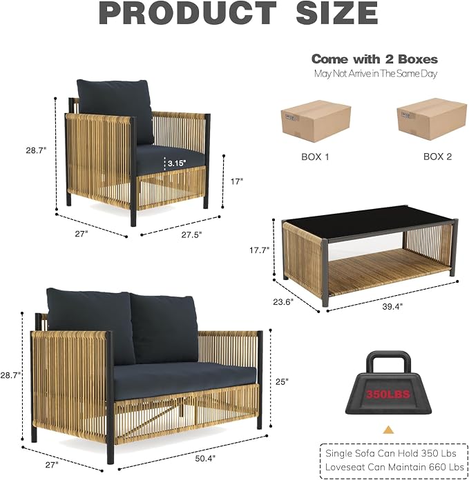 4 Pieces Aluminum Outdoor Patio Furniture Set - 2 Pcs Armchair, Loveseat & Dual-Layer Coffee Table - Rope Sectional Conversation Sofa Sets with Washable Thick Cushion for Garden, Backyard, Porch