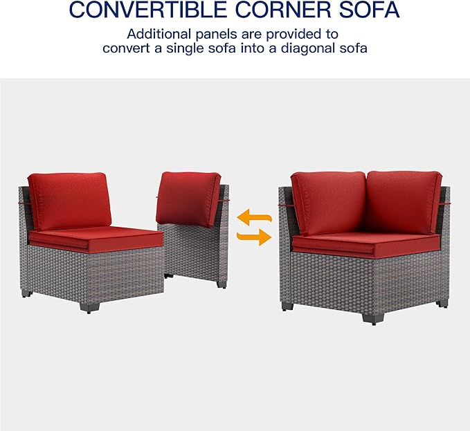6 Pieces Patio Furniture Sets with Glass Tea Table,PE Rattan Wicker Patio Conversation Set with Washable Cushions,Outdoor Patio Sectional Furniture Set for Backyard, Poolside, Garden,Red
