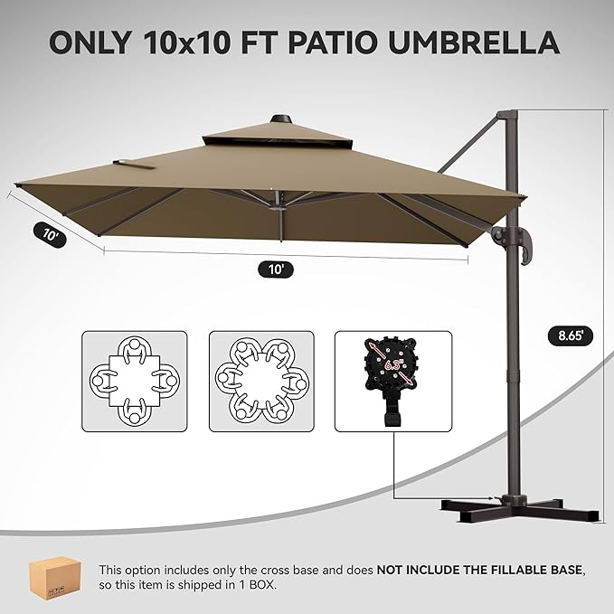 GENTEACO 10X10 FT Cantilever Umbrella, Large Offset Patio Umbrella with Double Top, 6 Angle Tilts & 360° Rotation, Large Square Sun Umbrellas for Outdoor Patio Pool Deck Market, Tan