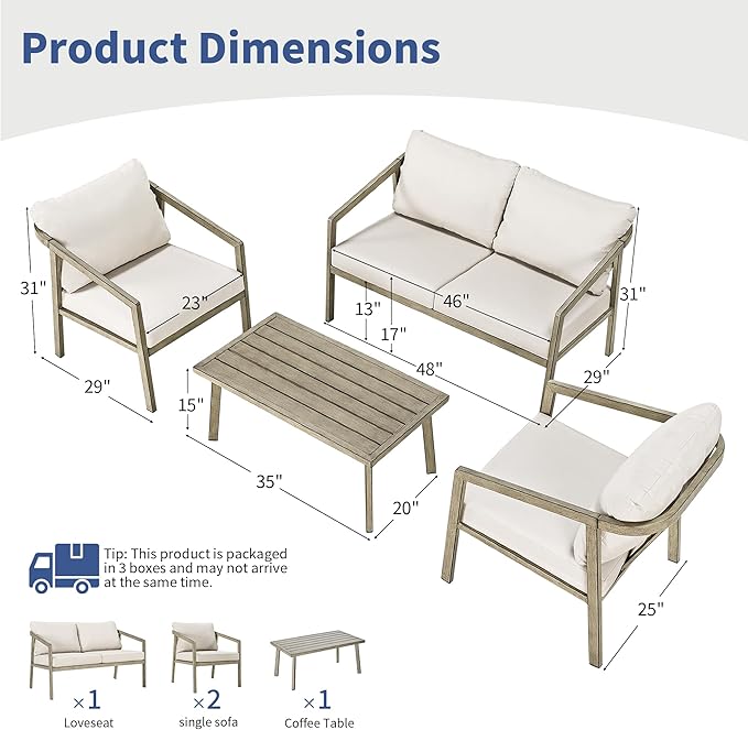 Patio Conversation Sets, 4 Piece Patio Furniture Sets with Loverseat、Armchair Sofa & Coffee Table, Aluminum Modern Outside Sectional Furniture for Garden, Backyard, Porch (Taupe)