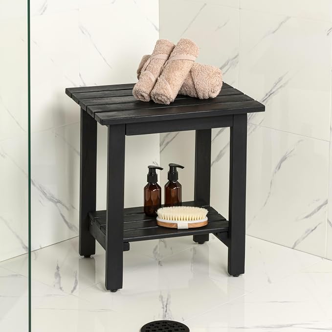 JONATHAN Y Kellie 16" Modern Black Acacia Wood Outdoor Side Table with 2-Tier Storage, Weather-Resistant Rectangular Slatted End Table for Patio, Garden, Deck, and Porch END6001B