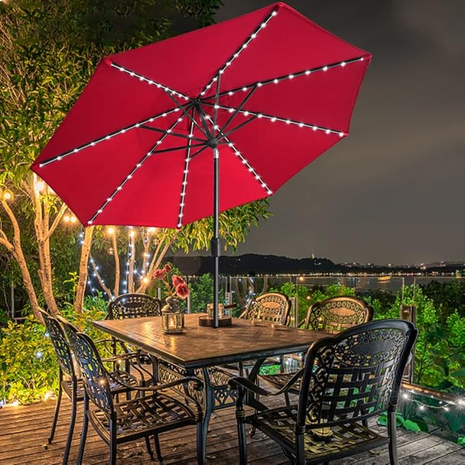 EliteShade USA 10-Year-Non-Fading 9ft Market Patio Umbrella, Commercial Grade Table Sun Umbrella with 80 Solar LED Lights, Crank Open, Windproof & UPF 50+ UV Protection for Garden, Deck, Pool, Backyard, Logo Red