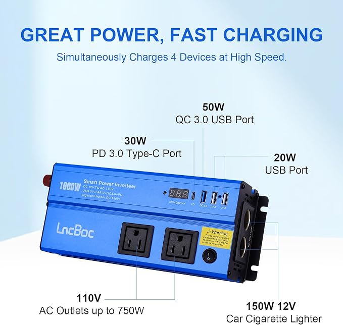 Power Inverter 12v to 110v 1000w: 1000 Watt Dc to Ac Converter Battery Inverters for Car Charger Adapter with Outlet Plug - Inverter with Cigarette Lighter for Car Truck Vehicles Rv Boat Home Auto