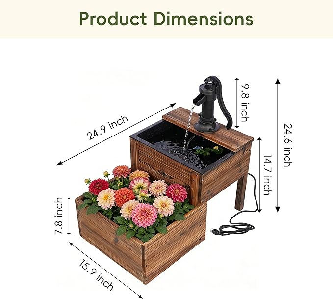 Outdoor Water Fountain with Planter, 2-Tier Cascading Wooden Garden Fountain, Rustic Wood Barrel Water Feature with Electric Plug-in Pump for Patio, Backyard, Porch, Yard Decor, Large Capacity