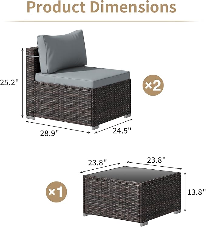 3 Piece Patio Furniture Set, Outdoor Wicker Patio Sofa Set, PE Rattan Sectional Couch with Glass Table and Grey Cushions, All-Weather 3 Piece Outdoor Patio Furniture Sets, Brown