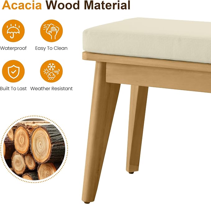 FansaFurn 3-Piece Acacia Patio Table and Chairs Set for All-Weather, Outside Furniture with Table Umbrella Hole and Removable Cushion, Patio Furniture Set with Outdoor Bench for Garden Lawn, Beige