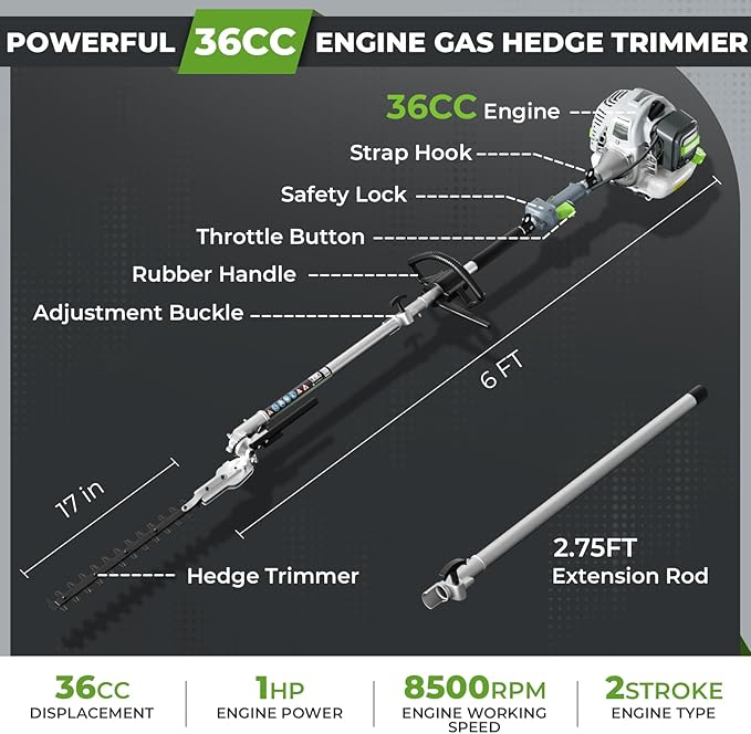 36CC Gas Hedge Trimmer, 2-Stroke Pole Hedge Trimmer with 27.5Inch Cutter Bar, Double Reciprocating Blades, 270° Rotatable Cutting Head, Hedge Trimmer Gas Powered for Bushes, Hedges and Garden Trimming