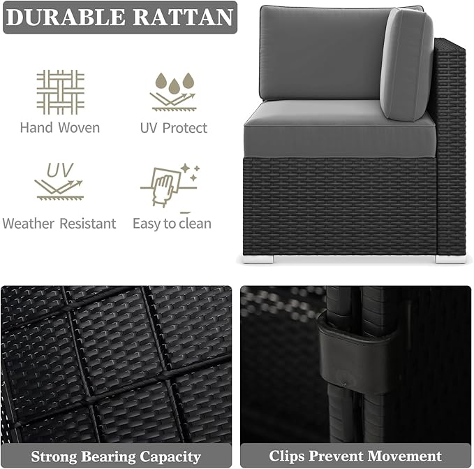 LayinSun 15 Pieces Patio Furniture Set with Fire Pit Table, Black Rattan Modular Sectional Outdoor Conversation Sofa Set, Swivel Rocking Chairs Set