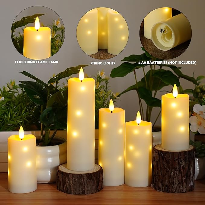 kakoya Outdoor Waterproof Flickering Flameless Candles with Timer,5Pcs Battery Operated LED Pillar Candles with Embedded Star String for Outdoor Lanterns,Porch,Patio Decor(Ivory)