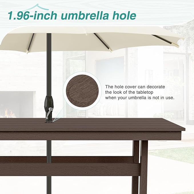 Rectangle Outdoor Dining Tables for 6, HDPE Weather Resistant Patio Dining Table, 66" Outdoor Tables with 1.96" Umbrella Hole for Porch, Balcony, Backyard, Dark Brown