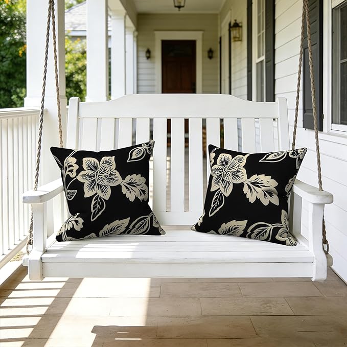 LVTXIII Outdoor Throw Pillows 16x16 Inch, Set of 2 Square Decorative Pillows with Inserts for Patio Furniture, Porch Chair, Sofa Accent, Elegant Vines Black