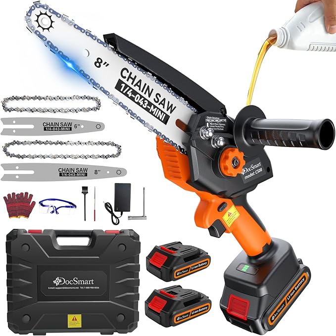 Electric Mini Chainsaw with1000W Brushless Motor, 8 inch & 6 inch 2 Rechargeable Batteries Handheld Small Chain Saw for Wood Cutting, Gardening Gifts for Father Dad Men