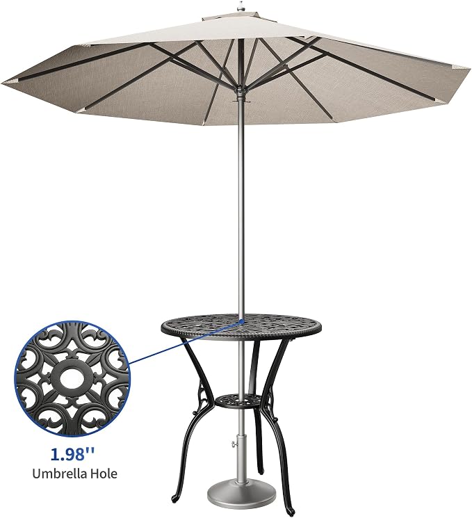 Garvee 23" Round Patio Dining Table with Umbrella Hole,Antique Cast Aluminum Outdoor Bistro Table,Umbrella Table,Side Table,End Table,Outdoor Furniture for Backyard,Garden,Patio,Porch,Black