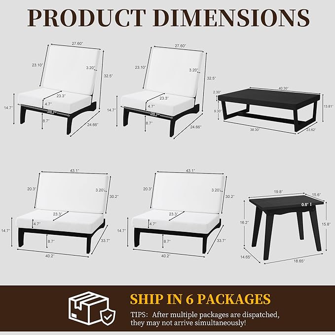 UIXE 6 Pieces Black Wood Patio Furniture Sets, 2 Patio Loveseat, 2 Patio Bistro Chair, All Weather Outdoor Sectional Sofa Furniture Backyard Conversation Set with Coffee Table - Beige