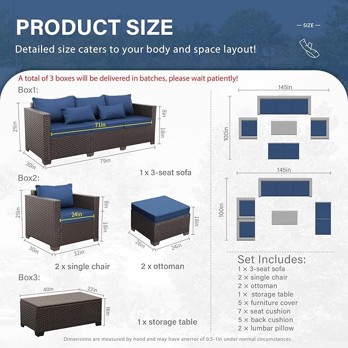 6 Pieces Patio Outdoor Furniture Conversation Sets Patio Wicker Sofa Set with Outdoor Couch Patio Chairs and Storage Table Non-Slip Cushions Waterproof Covers, Navy Blue