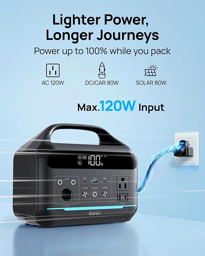 DARAN Portable Power Station 600W(1200W Surge) - 288Wh Solar Generator LiFePO4 Battery with AC DC Outlets, 8.3LB Portable Charging Station for Camping, RV, Home, Emergency (Solar Optional)