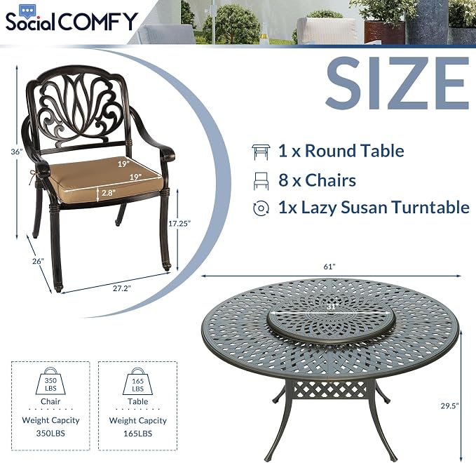 9-Piece Patio Cast Aluminum Dining Set, 8 Person Outdoor Dining Furniture Set, Includes 8 Cushioned Chairs and 61" Large Round Dining Table with 31" Lazy Susan, Umbrella Hole, Tan