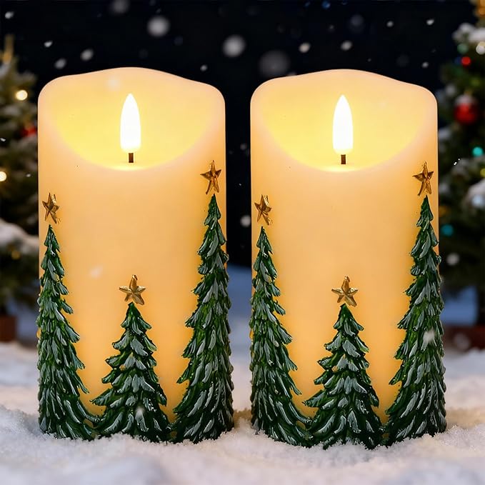 Christmas Tree LED Candles with 6H Timer, flameless Candles with Flickering Flame, Waxy Pillar 2 Pack Flickering Star Decor for Fall Christmas Decor (3 inches x 5.7 inches)