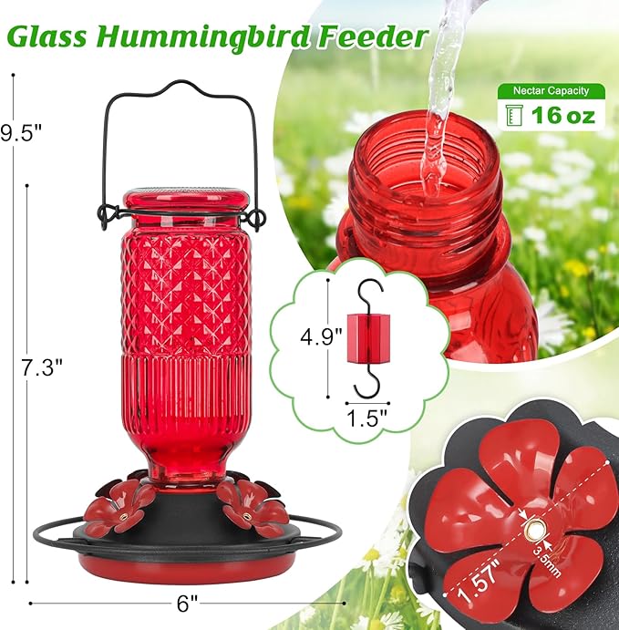 FEED GARDEN Glass Hummingbird Feeder 2 Pack, 16oz Leak-Proof with Ant Moat & Bee Guards, Easy Clean Wide Mouth, Metal Perches, Red Outdoor Hanging