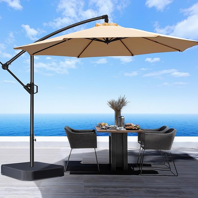 HOMSHADE 10ft Offset Patio Umbrella with Base Included, Cantilever Offset Hanging Patio Outdoor Market Umbrella UPF50+ UV Protection with Easy Tilt and Crank for Pool Deck and Garden(Beige)